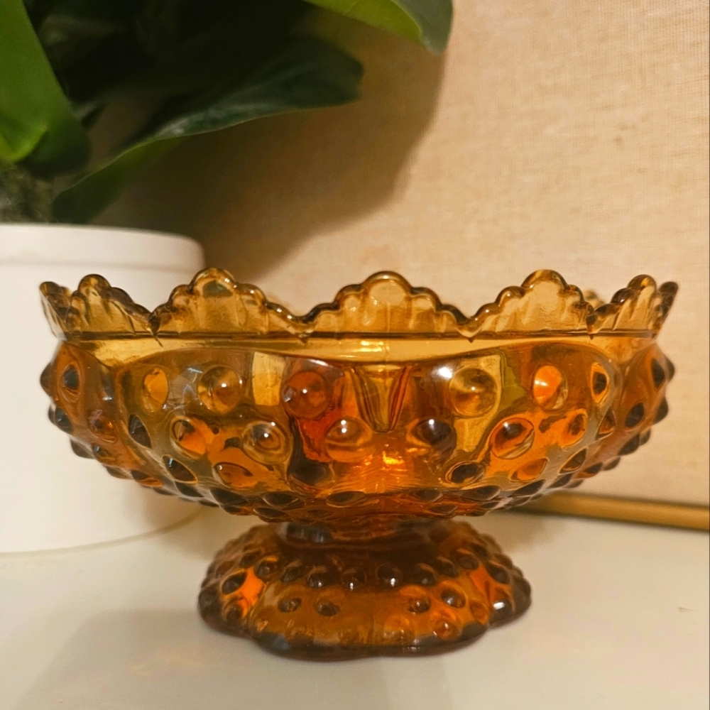 Vintage Fenton Amber Glass Hobnail Candle Bowl Amberina